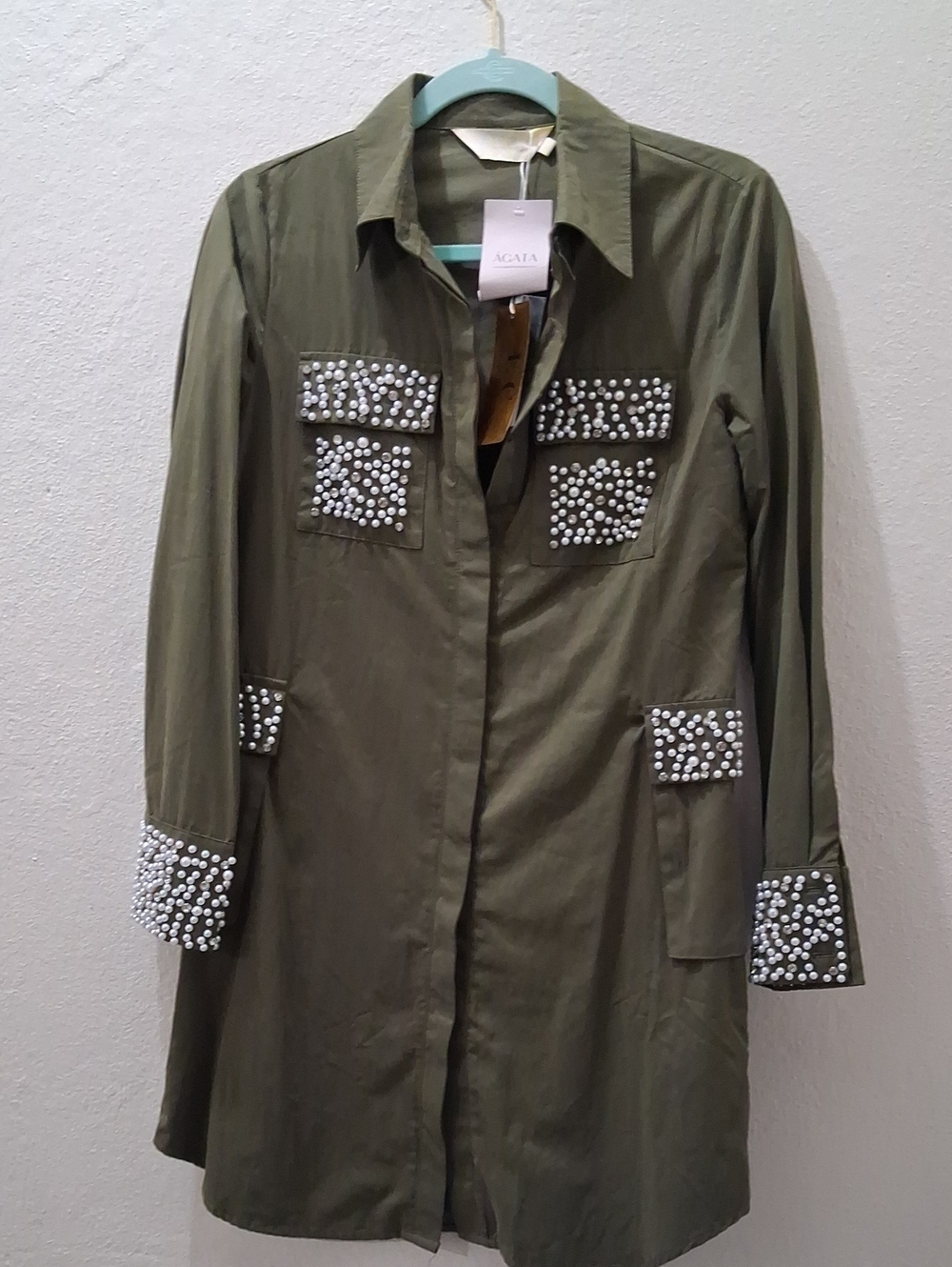 Olive Green Embellished Long Jacket Lizette Collection